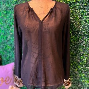 Sheer Black long sleeve blouse with sequins cuffs, Studio W, Size Small